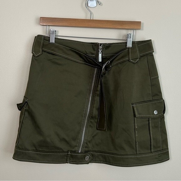Mango Army Green Pocket Detail Belted Zipper Mini Skirt Size Medium - Picture 2 of 6